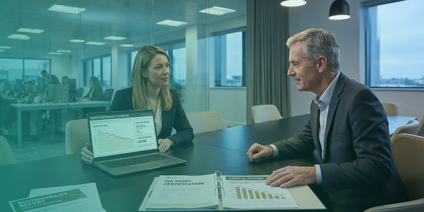 A female energy advisor presenting an Energy Performance Dashboard on a laptop to a senior male client across a boardroom table, with an ISO 50001 Certification document, a Financial Summary showing energy cost reductions and a Sustainability Report Investor Briefing visible on the table between them