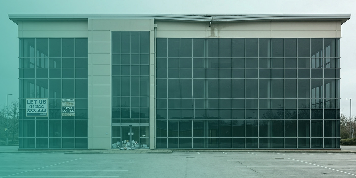 A vacant two-storey commercial office building with full-height curtain-wall glazing, two "For Sale/Let" boards and an empty car park, showing signs of prolonged vacancy