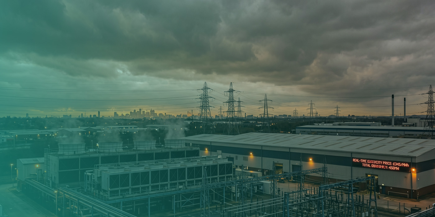 An aerial dusk view of an industrial energy infrastructure landscape featuring cooling towers emitting steam, high-voltage electricity pylons, a substation and a warehouse building displaying a real-time electricity price of £345 per MWh and total capacity of 450 MW on a digital ticker board, with a city skyline visible on the horizon beneath a heavy storm sky