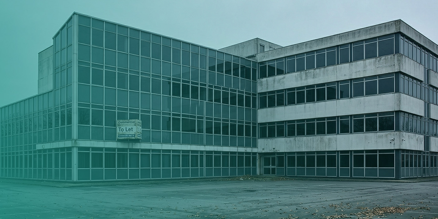 Vacant multi-storey commercial office building with a "To Let" sign and empty car park, overlaid with a teal tint