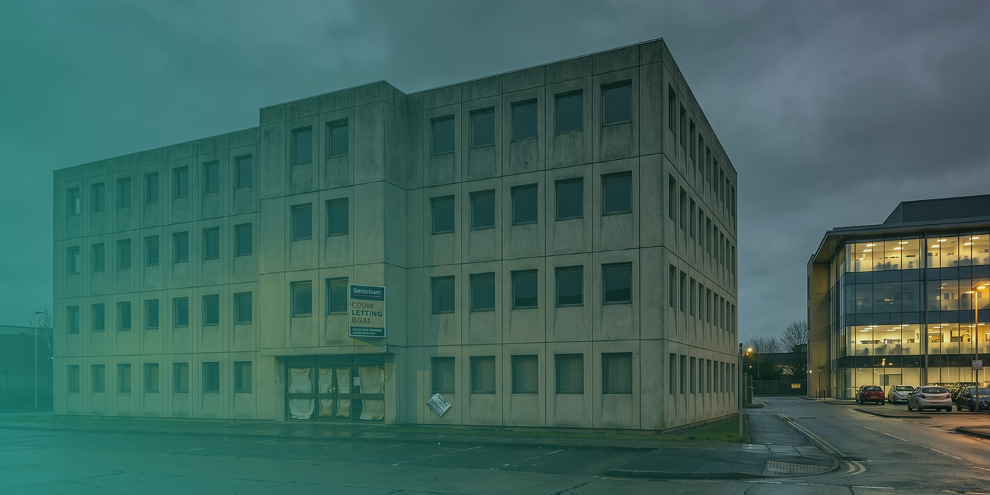 A deteriorating vacant brutalist concrete office block with boarded ground floor windows and a letting board, standing in stark contrast to a modern illuminated occupied office building to its right