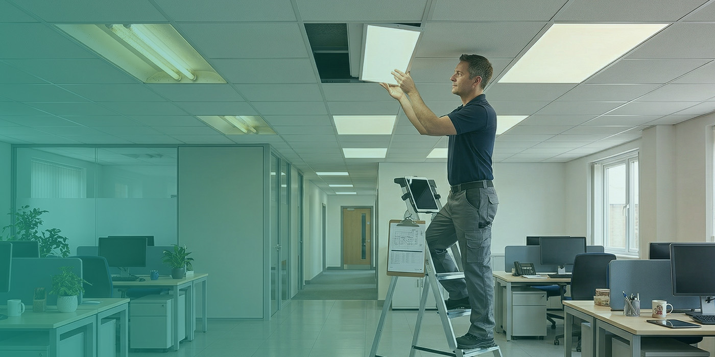 A maintenance technician standing on a stepladder installing an LED ceiling panel in a vacant office space, replacing older fluorescent strip lighting