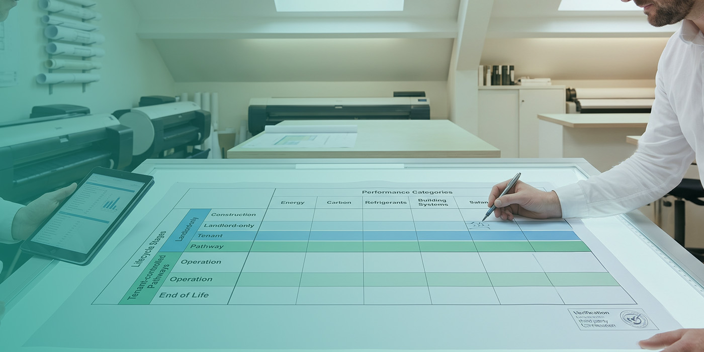 A professional annotating a large-format printed UK Net Zero Carbon Buildings Standard framework chart on a lightbox, showing performance categories across energy, carbon, refrigerants and building systems mapped against lifecycle stages including construction, landlord-only, tenant, pathway, operation and end of life, with a third-party verification stamp in the lower right corner