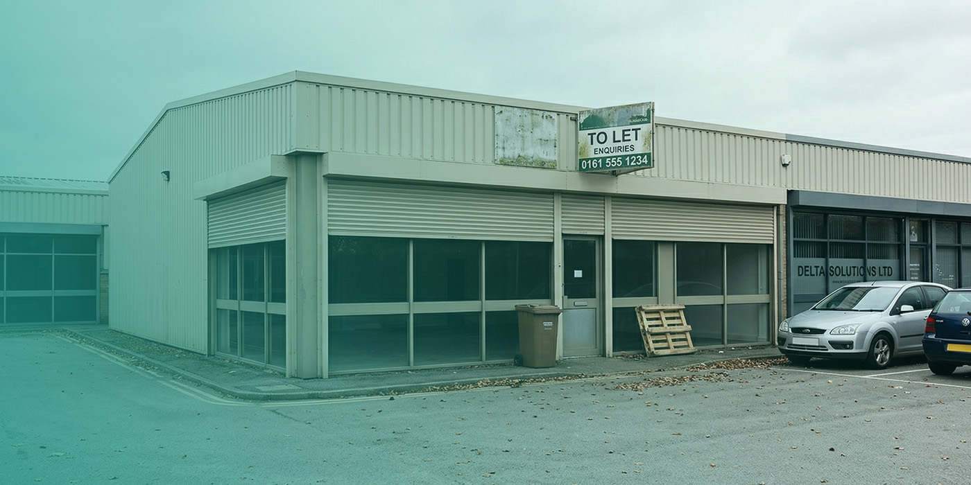 A vacant single-storey industrial or light commercial unit on a trading estate with roller shutters down, a prominent "To Let" sign and a Manchester enquiries number