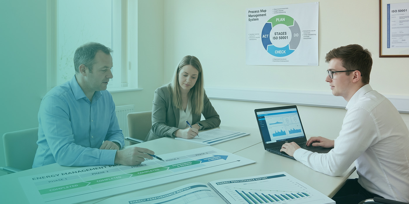 Three professionals working through an ISO 50001 implementation programme around a meeting table, with an Energy Management Plan phasing document and Energy Performance Reports on the table, an ISO 50001 Plan-Do-Check-Act process map on the wall and a framed ISO 50001 certificate mounted beside it, whilst a third team member works on a laptop displaying energy monitoring data