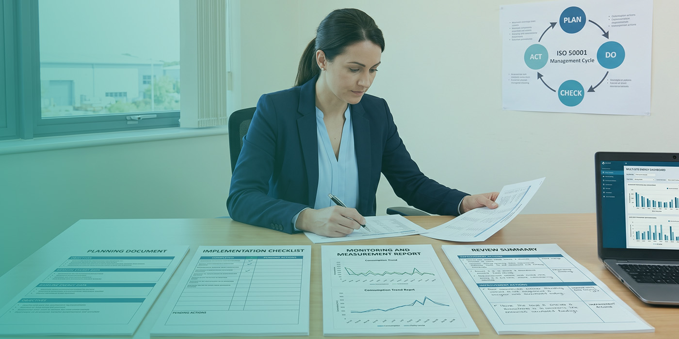 A female energy management professional reviewing documents at a desk laid out with a Planning Document, Implementation Checklist, Monitoring and Measurement Report and Review Summary, with an ISO 50001 Plan-Do-Check-Act management cycle diagram pinned to the wall behind her and a multi-site energy dashboard visible on a laptop to her right