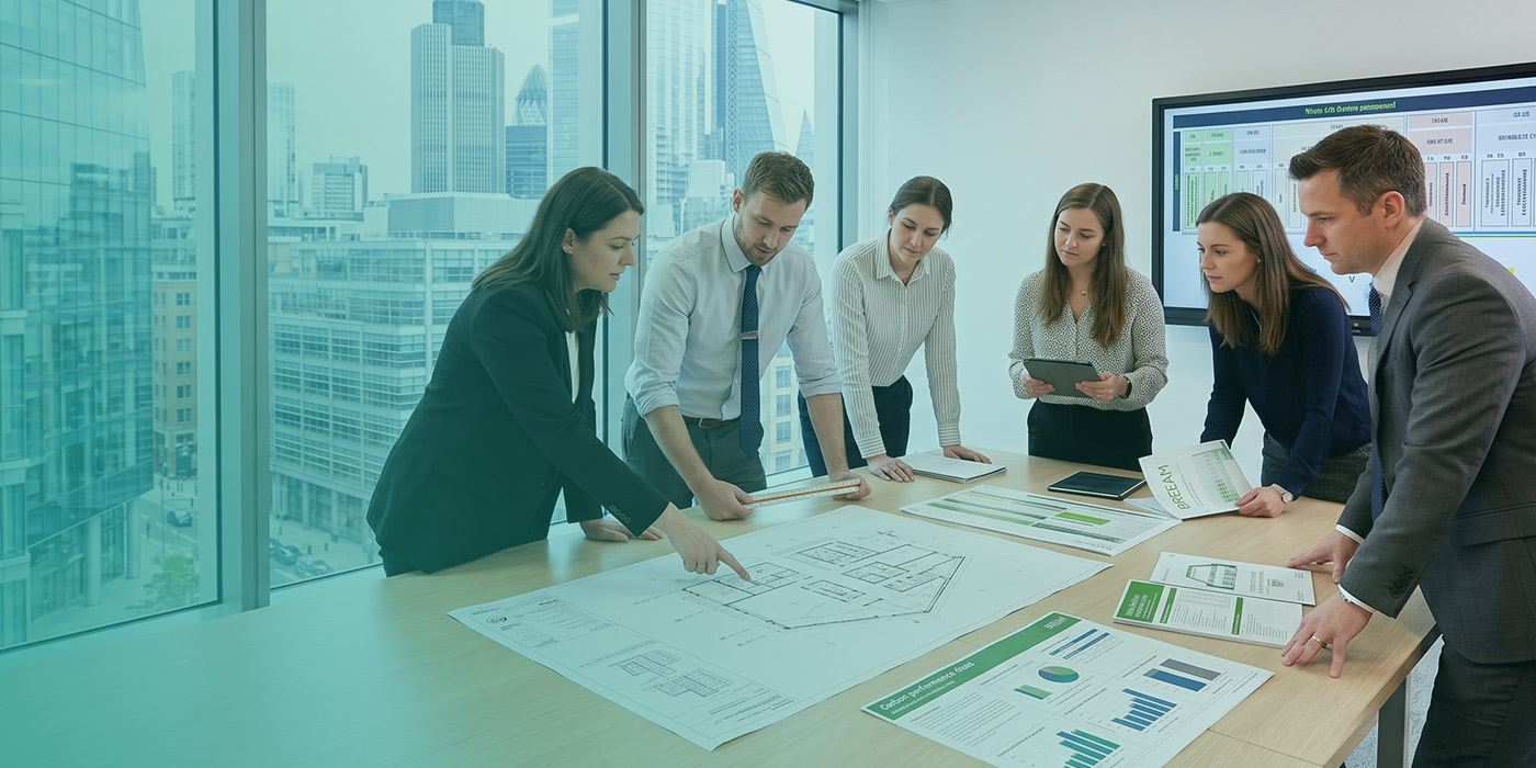Six property and sustainability professionals gathered around a table in a high-floor London meeting room, reviewing architectural floor plans, a BREEAM assessment document and carbon performance data charts, with a whole-building carbon assessment dashboard visible on the wall-mounted screen behind them