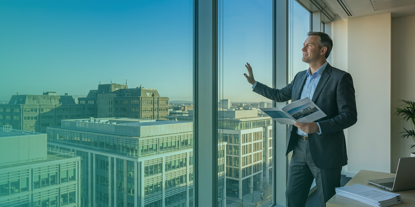 A confident property professional holding a commercial property brochure and gesturing towards a mixed commercial cityscape through floor-to-ceiling office glazing on a clear day, with a laptop and document stack visible on the desk beside him