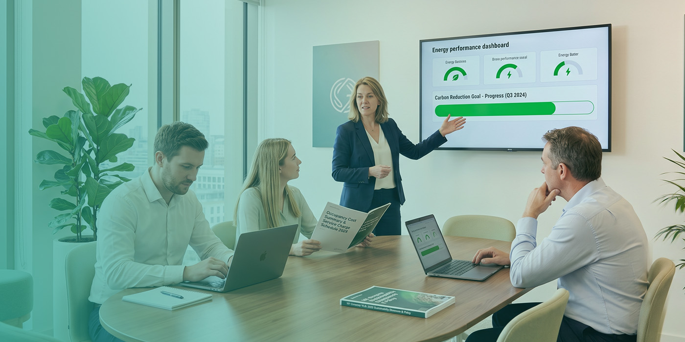 A female presenter in a meeting room pointing to an energy performance dashboard on a wall-mounted screen, showing carbon reduction goal progress to three colleagues reviewing an occupancy cost summary and a company sustainability policy document