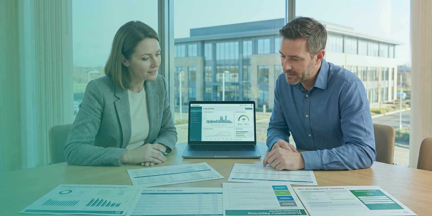 Two professionals in a relaxed meeting room setting reviewing an energy monitoring dashboard on a laptop alongside an energy performance benchmarking report, a service charge schedule, a sustainability reporting document, a net zero alignment summary and a NABERS reference sheet, with a modern commercial office building visible through the windows behind them