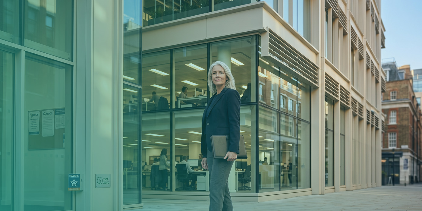 A senior female property professional standing confidently outside a fully occupied modern commercial office building displaying RICS, NABERS and Net Zero certification plaques at its entrance, with a leather portfolio under her arm and a traditional brick building visible to the right