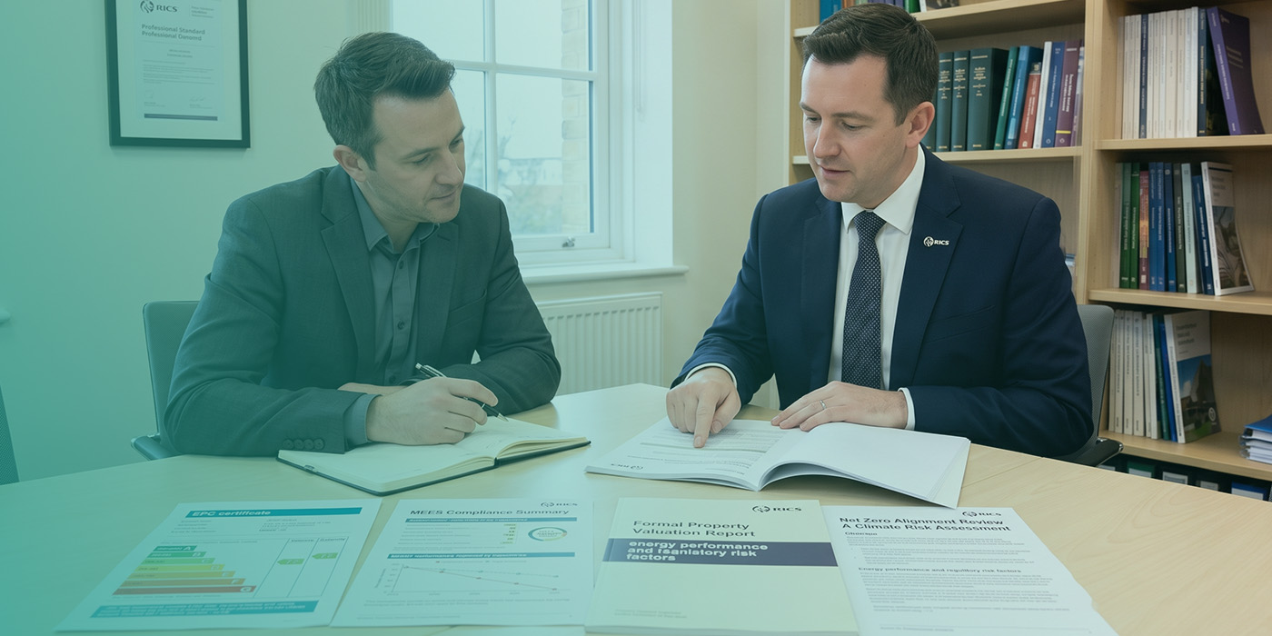 A RICS-badged chartered surveyor pointing to a Formal Property Valuation Report covering energy performance and regulatory risk factors during a client meeting, with an EPC certificate, a MEES Compliance Summary and a Net Zero Alignment Review Climate Risk Assessment also laid out on the desk, a framed RICS Professional Standard document on the wall behind them and a bookcase of professional reference volumes to the right