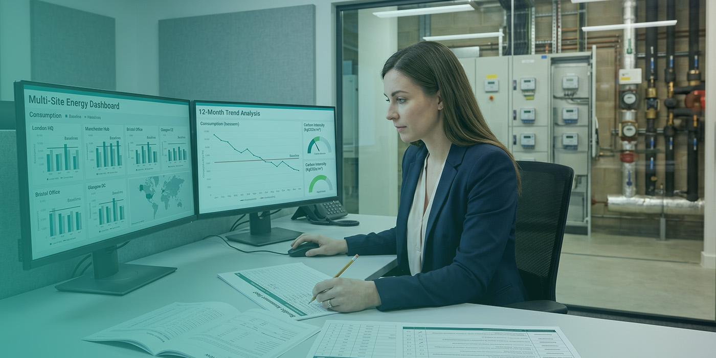 A female energy manager working at a dual-monitor workstation in a building services control room, reviewing a Multi-Site Energy Dashboard showing consumption against baselines for London HQ, Manchester Hub, Bristol Office and Glasgow DC, alongside a 12-Month Trend Analysis displaying falling consumption and carbon intensity data