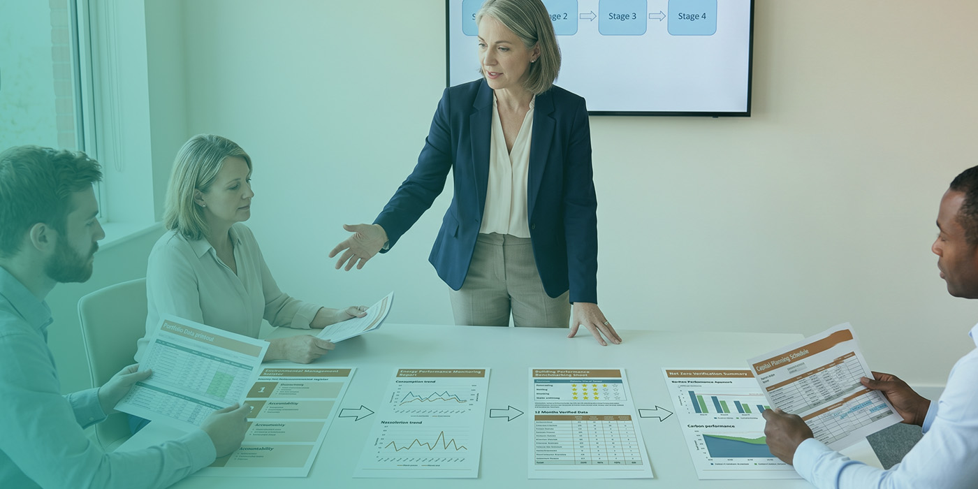 A senior female advisor presenting a four-document sequential framework to three colleagues around a meeting table, with documents progressing from an Environmental Management Register through an Energy Performance Monitoring Report, a Building Performance Benchmarking Sheet and a Net Zero Verification Summary, connected by arrows to illustrate the pathway between standards, alongside a Capital Planning Schedule, with a four-stage process diagram visible on the wall-mounted screen behind her