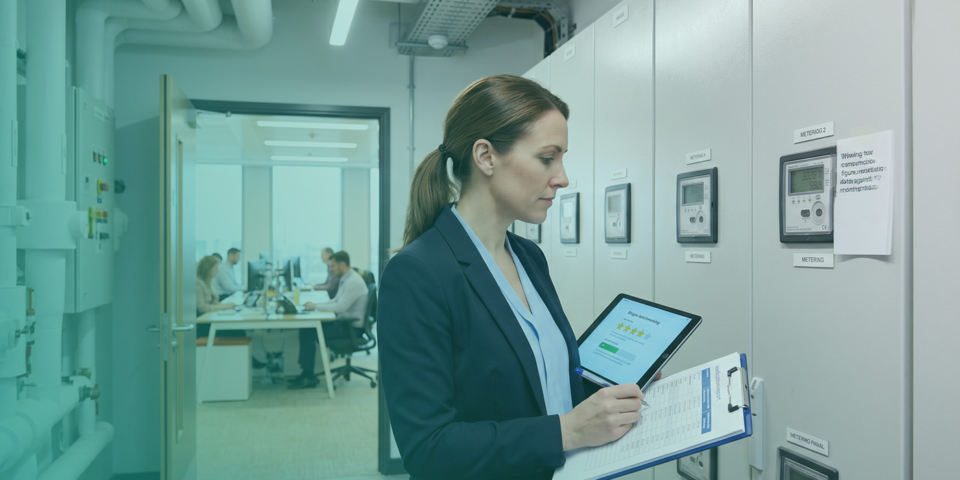 A female building performance professional standing in a metering room alongside a bank of sub-meters, reviewing a NABERS-style degree benchmarking star rating on a tablet whilst recording data on a clipboard, with an occupied open-plan office visible through the open doorway behind her