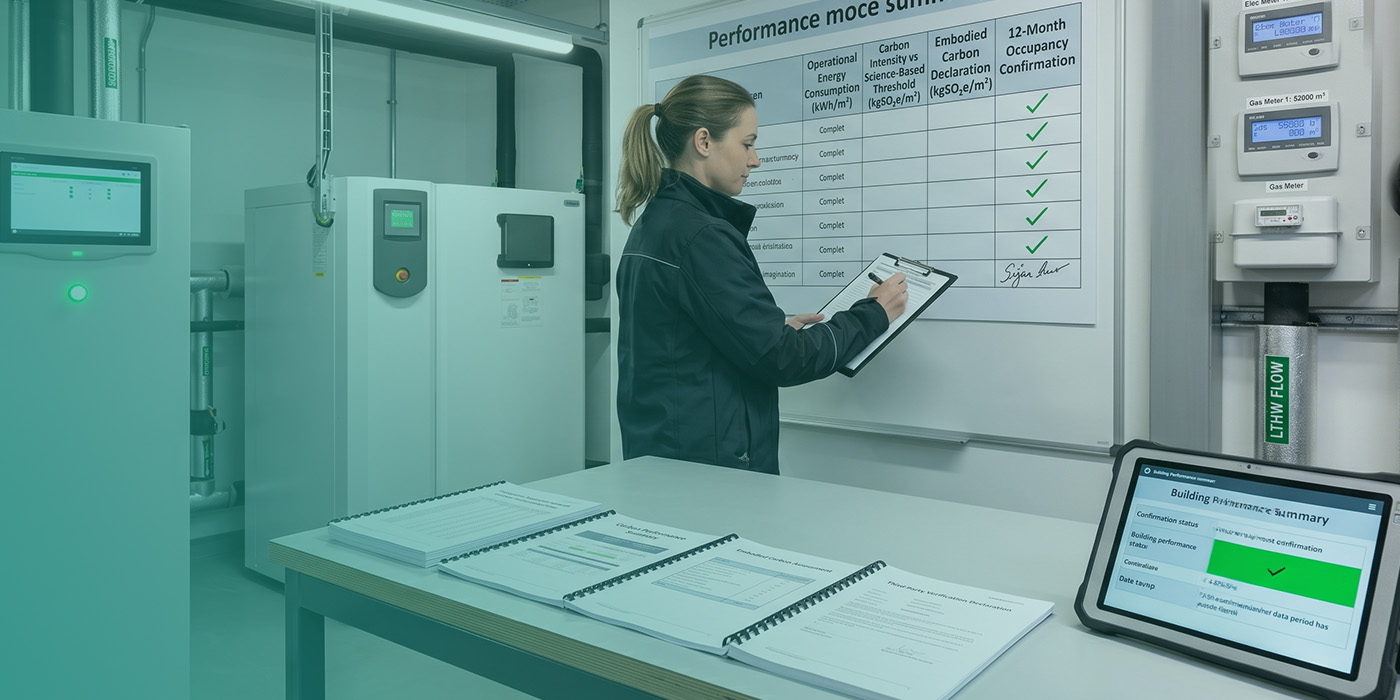 A female building performance verifier in a plant room completing a clipboard checklist against a Performance Mode Summary whiteboard showing green-ticked completion across Operational Energy Consumption, Carbon Intensity versus Science-Based Threshold, Embodied Carbon Declaration and 12-Month Occupancy Confirmation columns, with bound Carbon Performance, Embodied Carbon Assessment and Third-Party Verification Declaration documents on the worktop and a Building Performance Summary tablet displaying a confirmed green verification status
