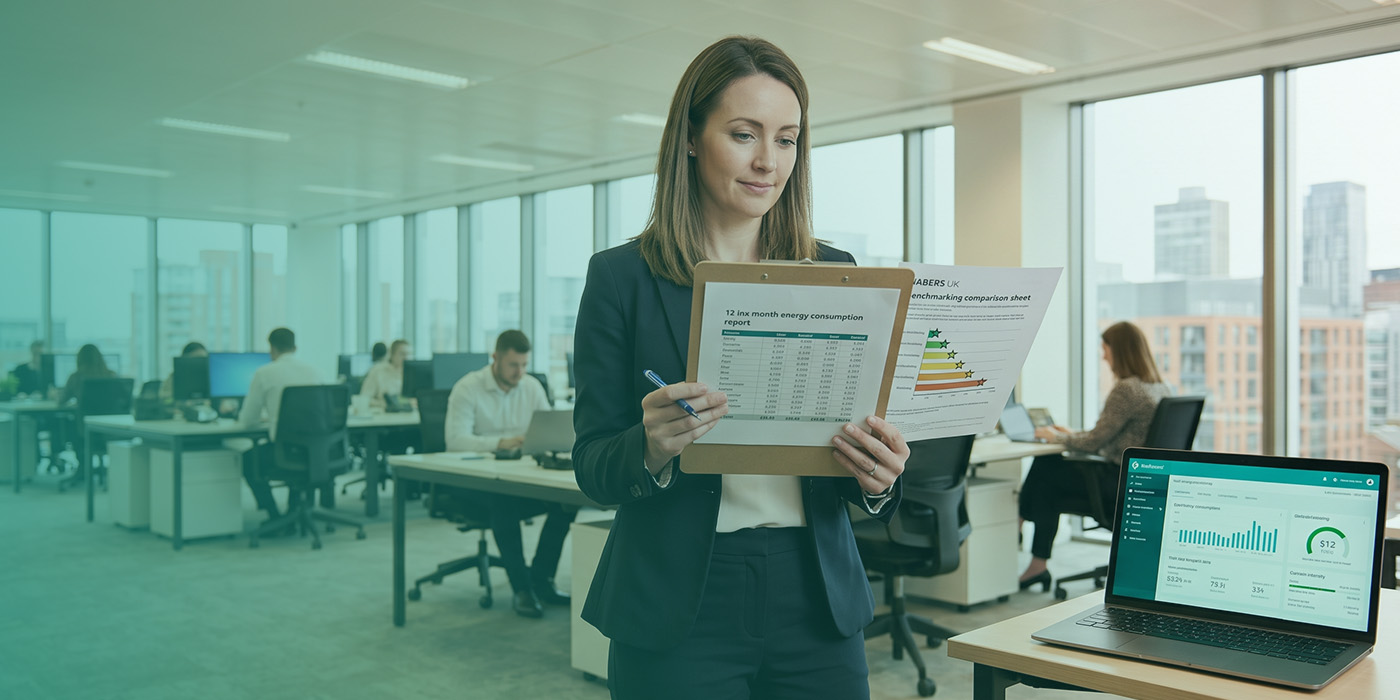 A female building performance professional standing in an occupied open-plan office, reviewing a 12-month energy consumption report on a clipboard alongside a NABERS UK benchmarking comparison sheet showing a star rating graphic, with a NABERS-branded energy monitoring dashboard visible on a laptop on the desk beside her