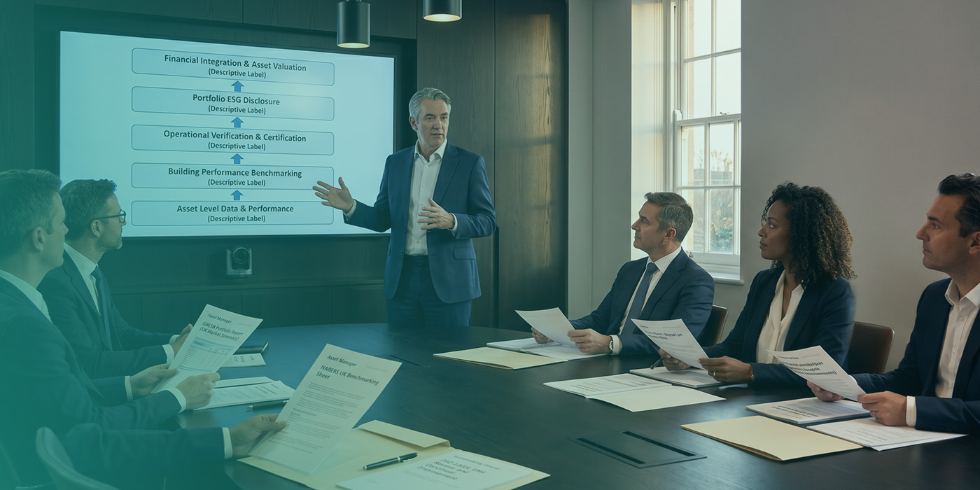 A senior advisor presenting a five-tier sustainability framework pyramid to five colleagues in a traditional boardroom, with levels progressing upward from Asset Level Data and Performance through Building Performance Benchmarking, Operational Verification and Certification, Portfolio ESG Disclosure to Financial Integration and Asset Valuation, with role-labelled documents including a GRESB Portfolio Report, a NABERS UK Benchmarking Sheet and further framework documents distributed around the table