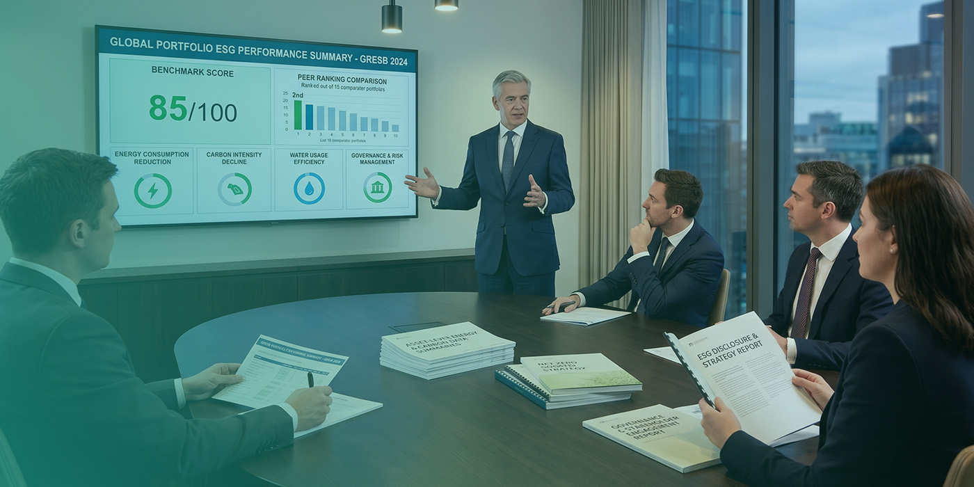 A senior fund manager presenting a Global Portfolio ESG Performance Summary for GRESB 2024 to four colleagues in a high-floor boardroom, with a benchmark score of 85 out of 100 and a peer ranking of second out of fifteen comparator portfolios displayed on screen, alongside document stacks including Asset Level Energy and Carbon Data Summaries, a Net Zero Strategy, a Governance and Stakeholder Engagement Report and an ESG Disclosure and Strategy Report