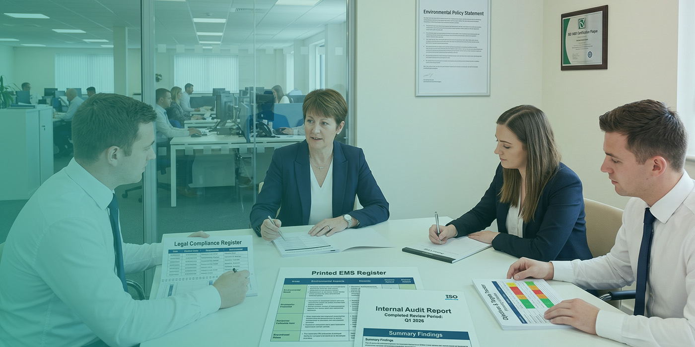 A senior environmental manager leading an ISO 14001 internal audit meeting with three colleagues around a table, reviewing a Legal Compliance Register, a Printed EMS Register and an Internal Audit Report for Q1 2026, with an Environmental Policy Statement and a framed ISO 14001 Certification Plaque visible on the wall behind them and a busy open-plan office visible through the glazed partition