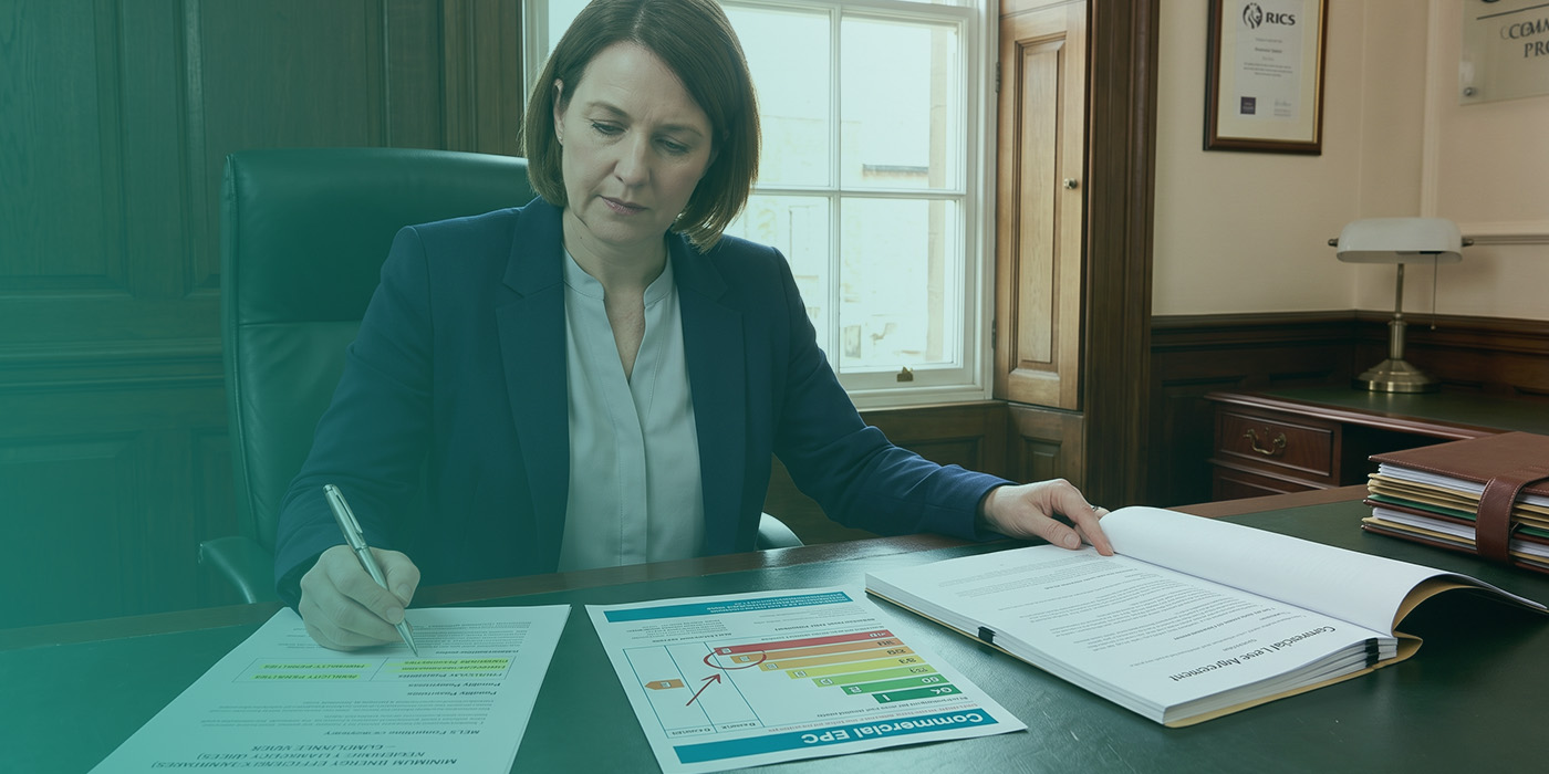 A female solicitor or chartered surveyor reviewing a Commercial EPC document showing a D rating with a red arrow indicator, a Minimum Energy Efficiency Standards compliance summary and a Commercial Lease Agreement at a traditional green leather-topped desk, with RICS accreditation certificates visible on the wall behind her