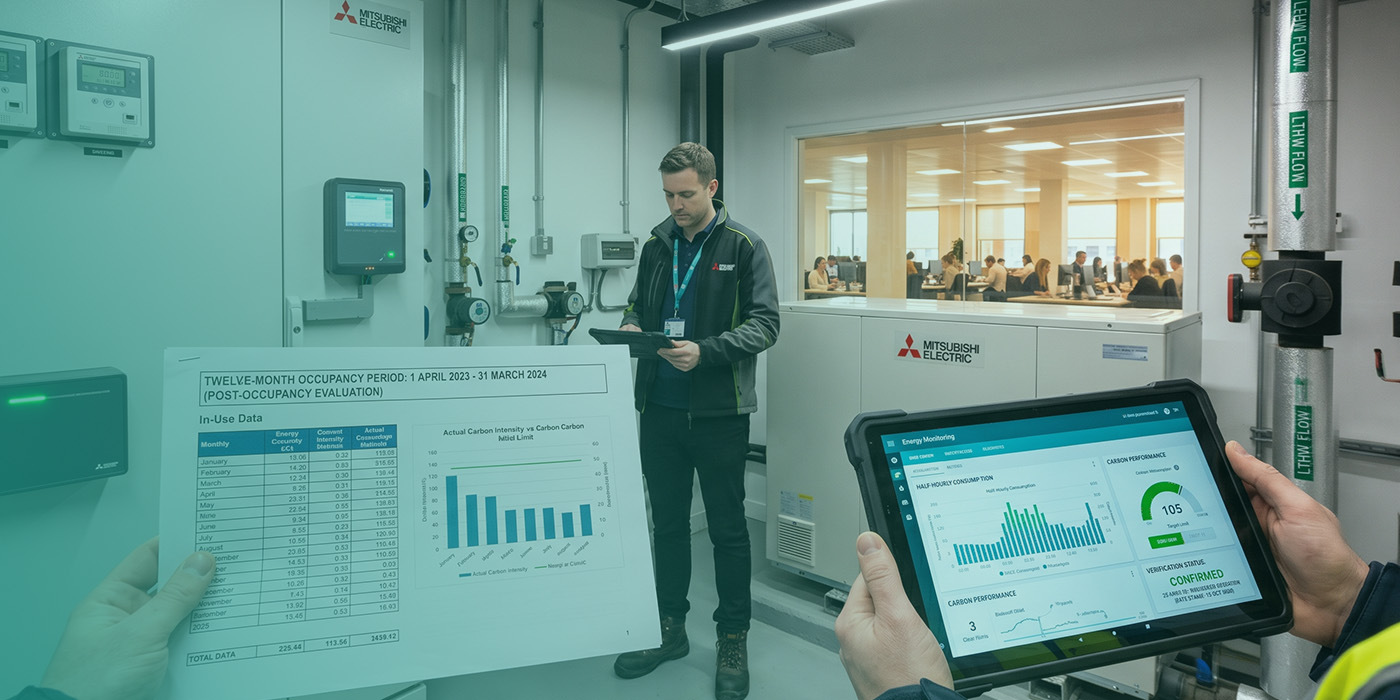 A building services engineer inspecting a Mitsubishi Electric plant room whilst a colleague in the foreground holds a twelve-month post-occupancy evaluation report showing monthly in-use carbon intensity and actual consumption data, alongside a rugged tablet displaying a live energy monitoring dashboard with a confirmed verification status