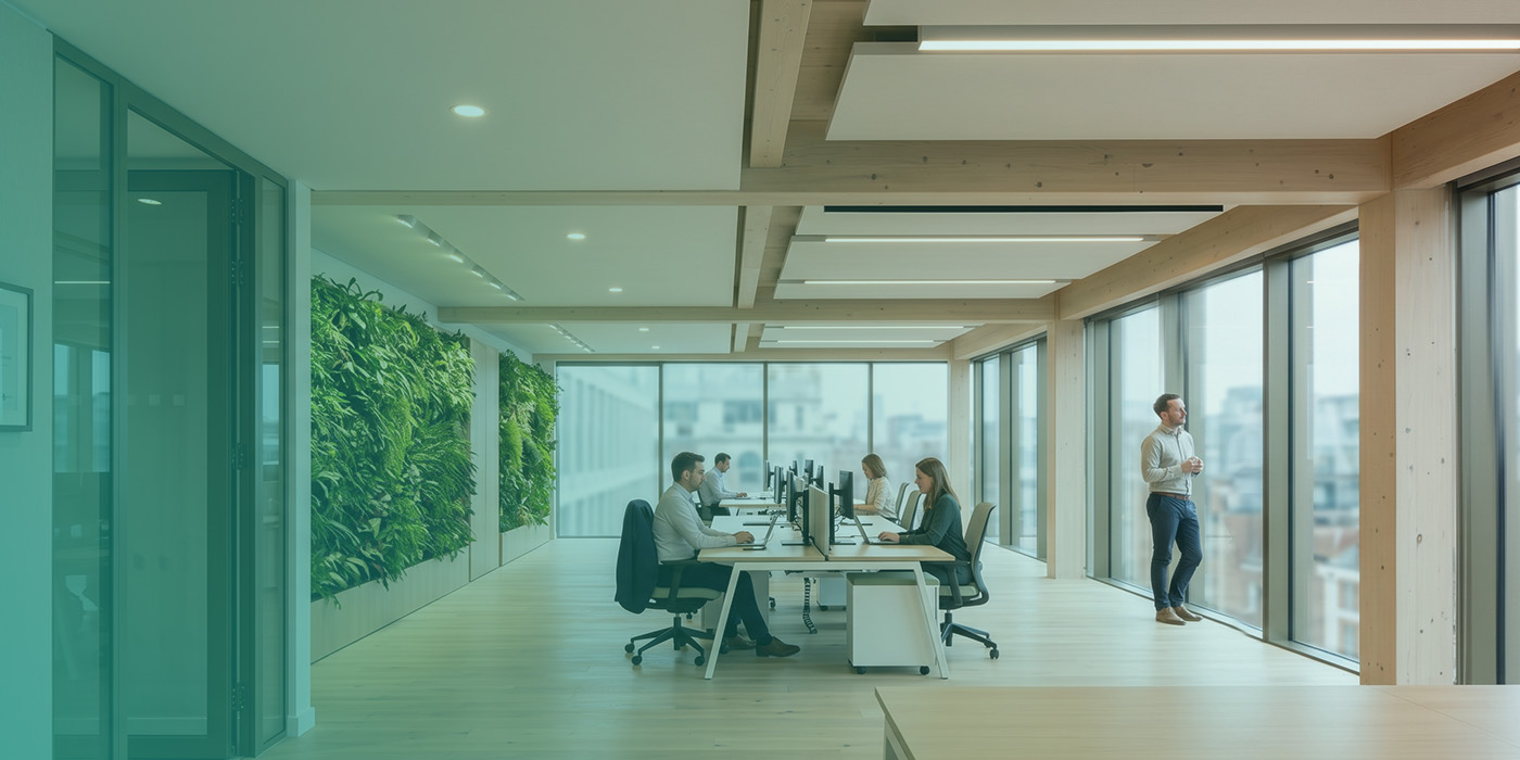 An occupied high-specification open-plan office featuring exposed cross-laminated timber structure, a full-height living green wall, recessed LED lighting, floor-to-ceiling glazing with city views and staff working at benching workstations