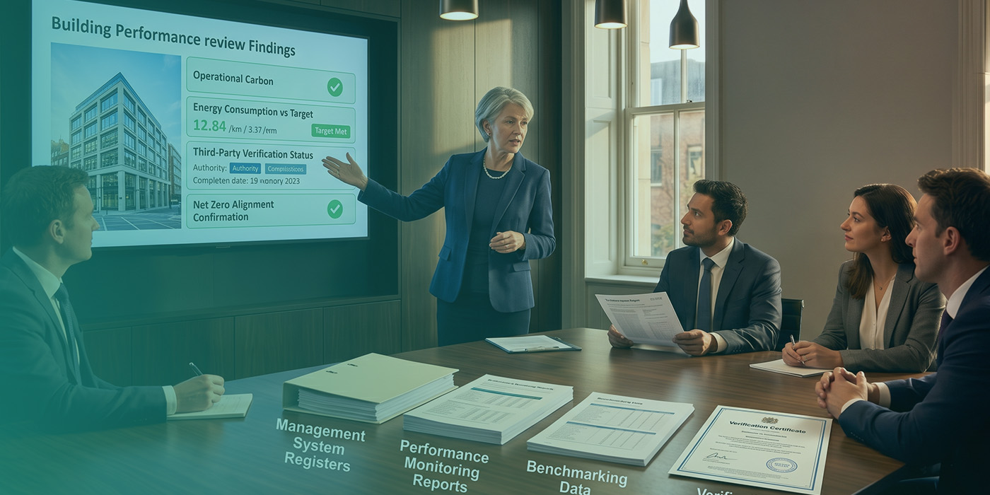 A senior female advisor presenting Building Performance Review Findings to four colleagues in a boardroom, with a slide showing green-ticked confirmation of Operational Carbon compliance, Energy Consumption vs Target at 12.84 against a 3.37 target met, Third-Party Verification Status and Net Zero Alignment Confirmation, with four labelled document stacks on the table covering Management System Registers, Performance Monitoring Reports, Benchmarking Data and a Verification Certificate