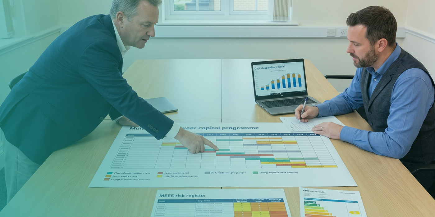 Two property professionals reviewing a large-format multi-year capital programme Gantt chart colour-coded across planned maintenance works, lease expiry events, refurbishment programmes and energy improvement measures, alongside a MEES risk register and an EPC certificate, with a capital expenditure model visible on a laptop