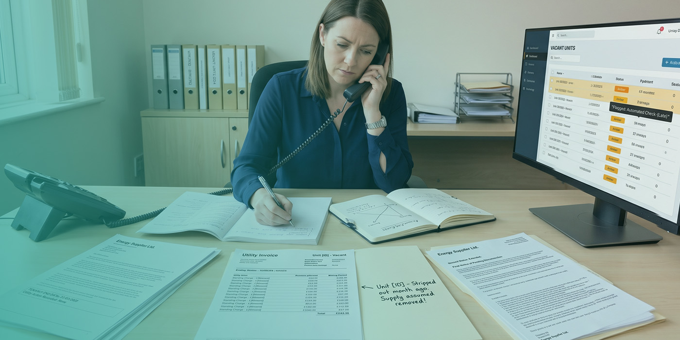A property manager on the phone with a concerned expression, reviewing a Utility Invoice for a vacant unit showing accumulated standing charges totalling £745, an Energy Supplier notice of pending disconnection, and a handwritten note reading "Unit [ID] stripped out month ago, supply assumed removed," with a Vacant Units management dashboard visible on a desktop monitor showing multiple amber-flagged entries including one marked "Flagged: Automated Check Late"