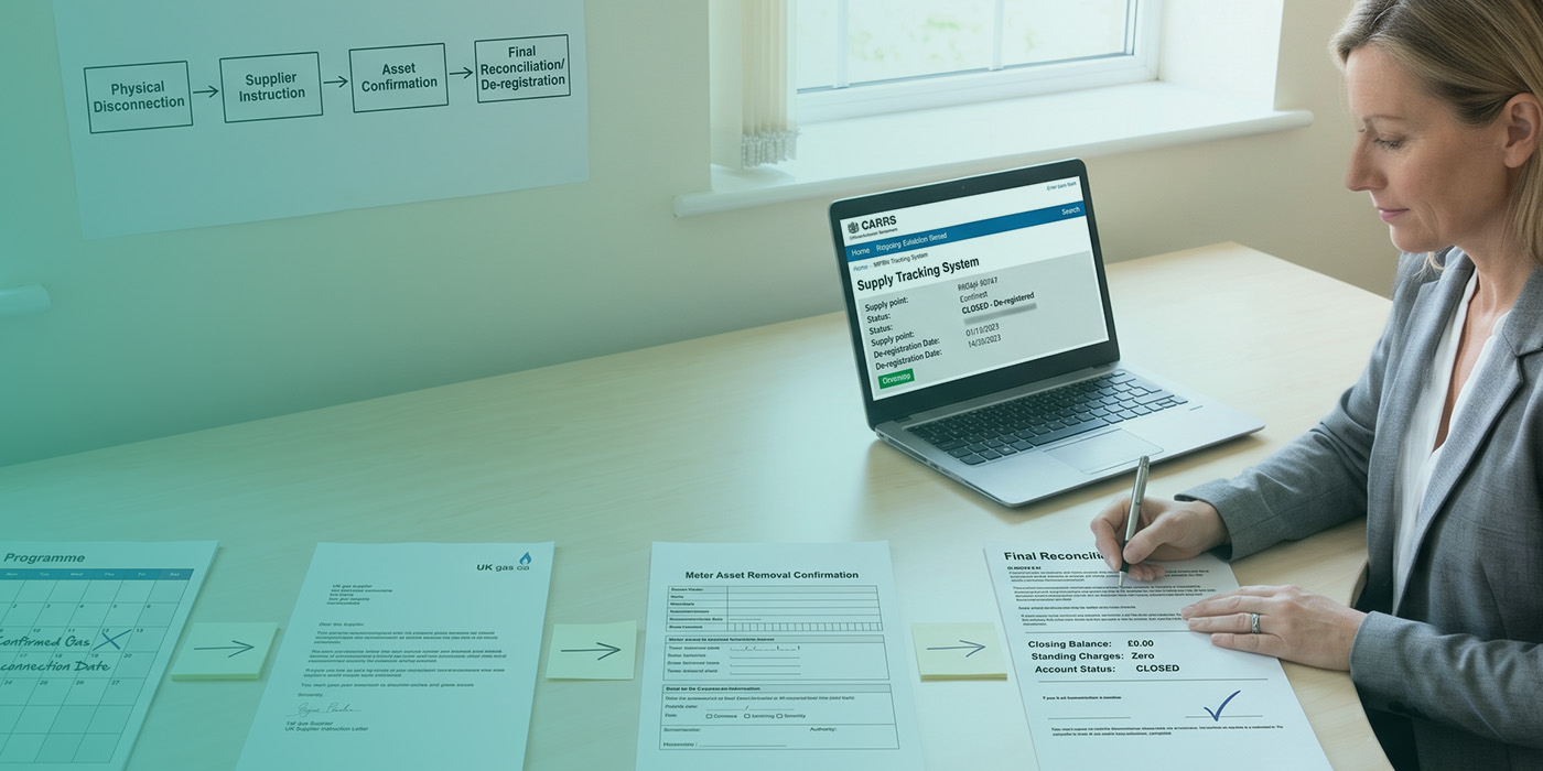 A utilities specialist signing a Final Reconciliation document at a desk laid out with the four sequential stages of end-to-end gas supply de-registration, including a UK Gas Supplier Instruction Letter, a Meter Asset Removal Confirmation, a Final Reconciliation showing closing balance of zero, standing charges zero and account status closed, with a CARRS Supply Tracking System on a laptop confirming the supply point as closed and de-registered, and a four-stage process diagram on the wall showing Physical Disconnection, Supplier Instruction, Asset Confirmation and Final Reconciliation/De-registration