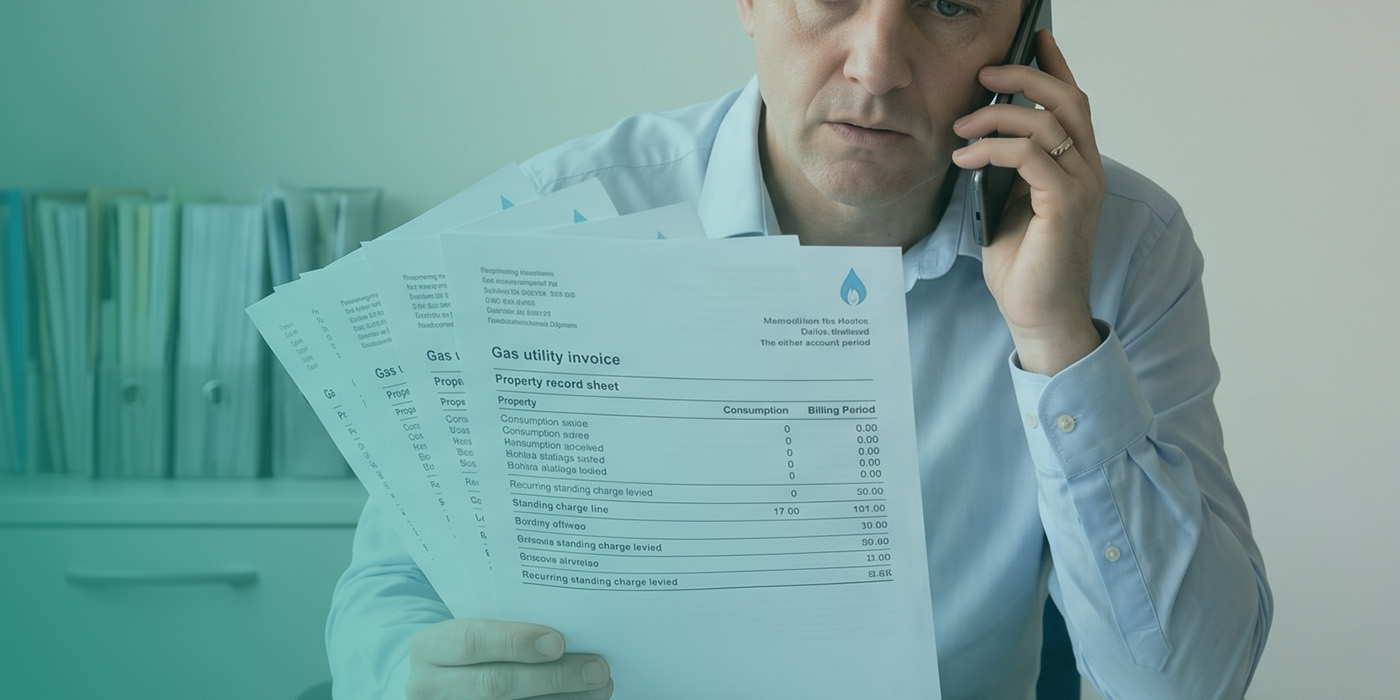 A property or facilities manager on a phone call holding multiple gas utility invoices, with the front document showing a property record sheet with zero consumption entries but recurring standing charges of £50, £101, £30, £50 and £11 still accruing across multiple billing lines