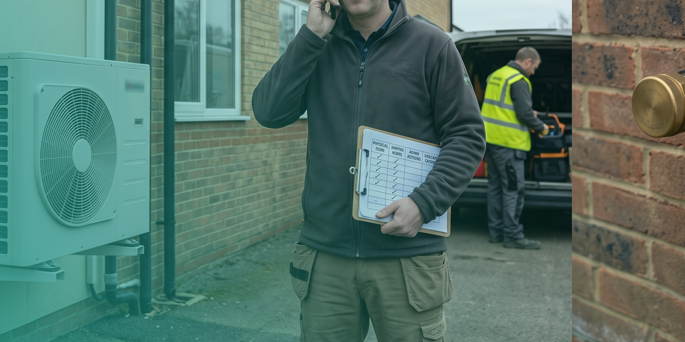 A utilities field operative on a phone call holding a de-registration checklist with ticked columns for Physical Disconnection, Admin MPRN, Admin Actions and OSSCA/CATRA, standing beside an externally mounted heat pump unit, with a high-visibility colleague unloading tools from a van in the background and a capped gas supply fitting visible on the right-hand brick wall