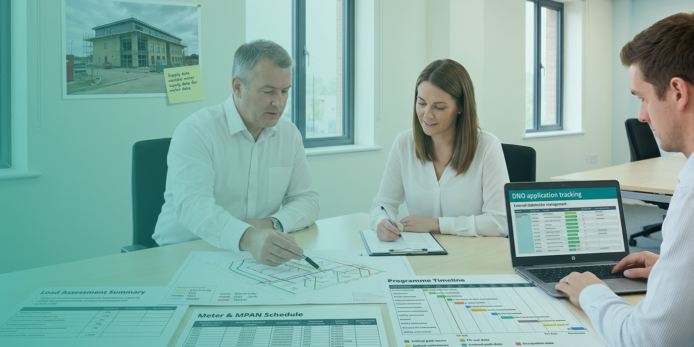Three utilities project professionals in a bright meeting room reviewing a Load Assessment Summary, a Meter and MPAN Schedule and a colour-coded multi-utility site drawing, with a Programme Timeline and a DNO Application Tracking dashboard on a laptop also visible, and a site photograph with a supply date sticky note pinned to the wall behind them
