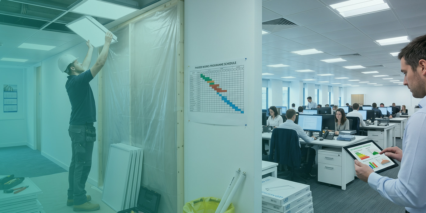 A split-scene composite showing an LED lighting installation in progress behind a dust sheet on the left, with a Phased Works Programme Schedule on the wall at the dividing point, and a fully occupied open-plan office on the right where a facilities manager reviews an EPC improvement projection on a tablet