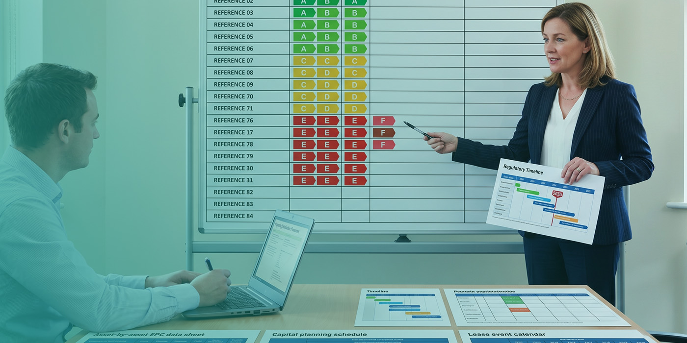 A female property advisor pointing to F-rated assets on a large whiteboard portfolio EPC matrix showing colour-coded A to F ratings across multiple asset references, whilst holding a Regulatory Timeline document, with a male colleague reviewing an asset-by-asset EPC data sheet on a laptop and a capital planning schedule, timeline and lease event calendar laid out on the table