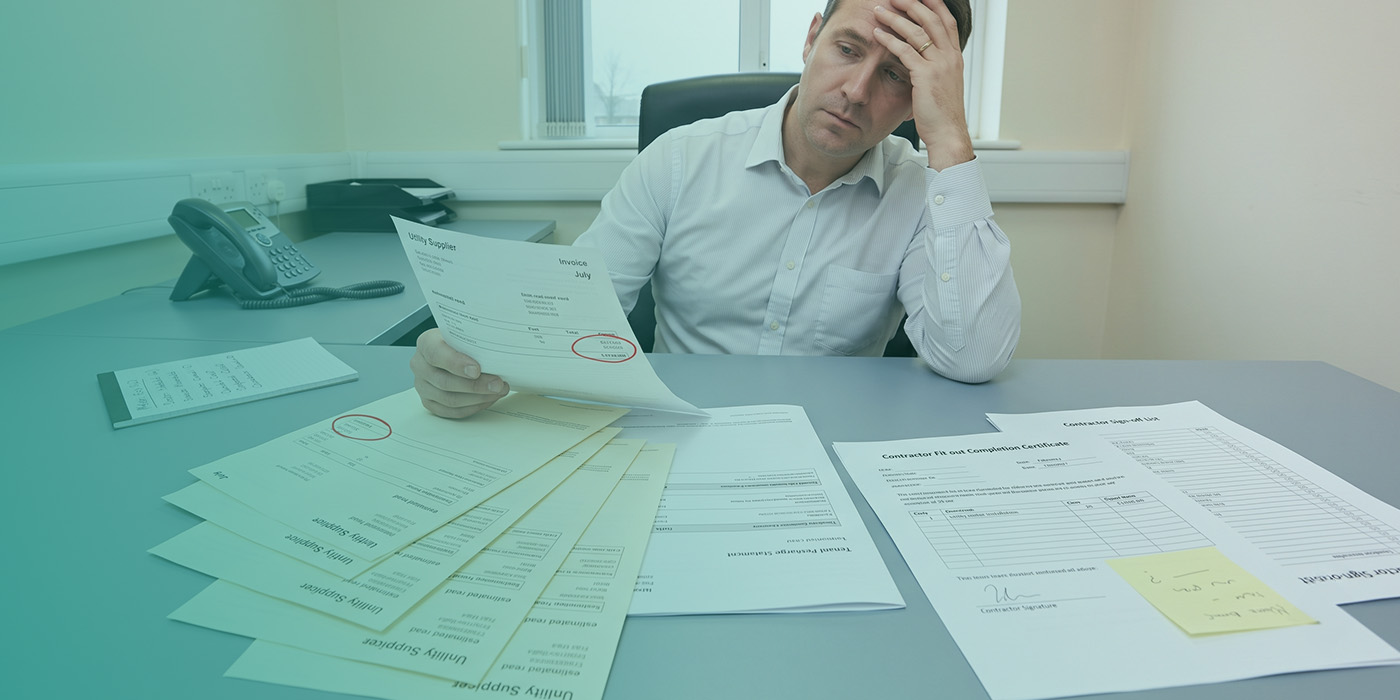 A property manager sitting at his desk with his head in his hand, reviewing a Utility Supplier invoice with a circled figure, alongside a stack of further utility supplier invoices, a Tenant Recharge Claim, a Contractor Fit-Out Completion Certificate and a Contractor Sign-Off List with a yellow sticky note attached