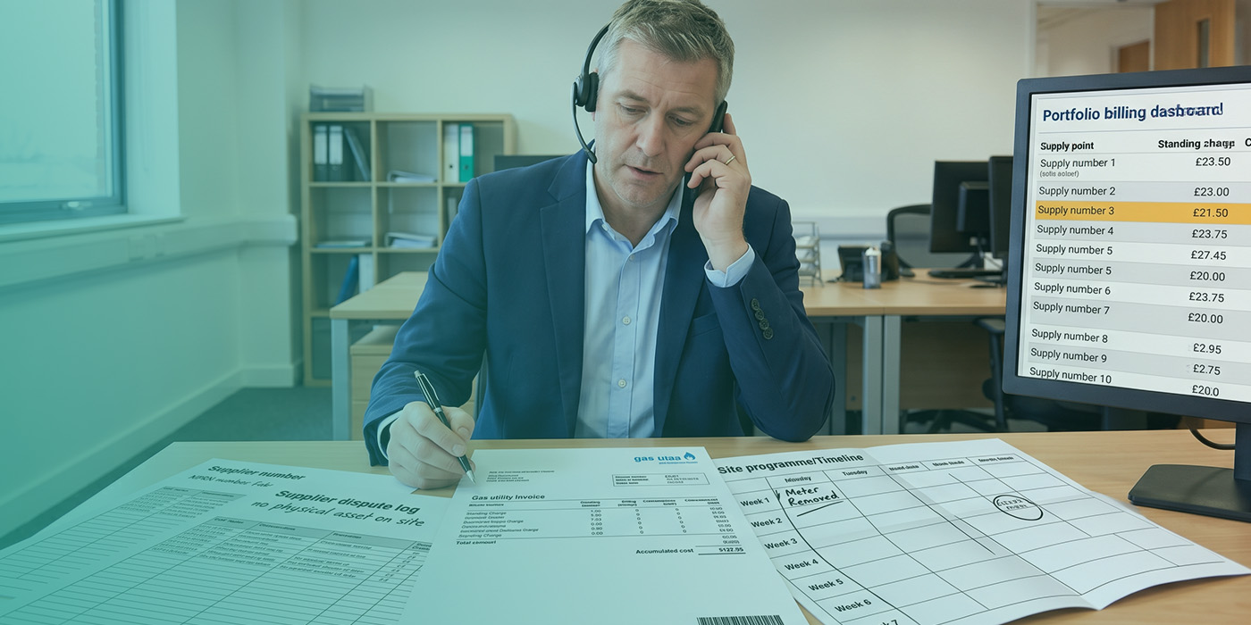 A property or utilities manager on a headset call reviewing a Supplier Dispute Log noting "no physical asset on site," a Gas Utility Invoice showing accumulated costs of £127.95, and a Site Programme Timeline with "Meter Removed" noted in Week 1, with a Portfolio Billing Dashboard on the monitor beside him showing standing charges across ten supply points including one amber-flagged entry