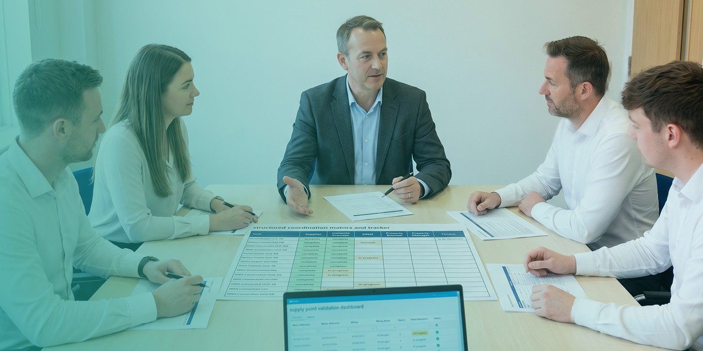 A five-person utilities coordination team meeting around a table with a large-format Structured Coordination Matrix and Tracker laid out showing task completion status across Supplier, Infrastructure Provider, DNO, Property Manager and Tenant columns, and a Supply Point Validation Dashboard visible on a laptop in the foreground