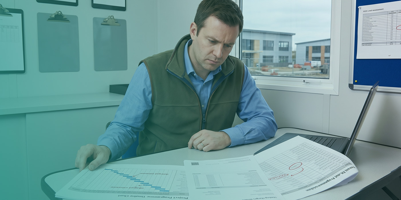 A site manager or project coordinator in a site office reviewing a Tenant Fit-Out Programme timeline with red-circled delays and a standing charges invoice, alongside a Project Programme Timeline Chart showing delayed milestones, with a kVA Load Assessment pinned to the noticeboard, clipboards on the wall behind him and a commercial development under construction visible through the window