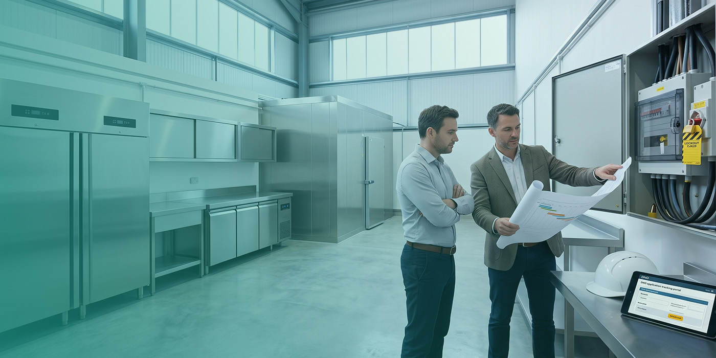 Two professionals reviewing a rolled-up supply upgrade programme drawing beside an isolated electrical distribution board in a fitted-out commercial kitchen, with a DNO application tracking portal on a tablet on the worktop and stainless steel refrigeration equipment and a walk-in cold room installed but unpowered in the background