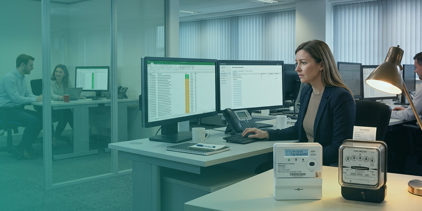 A billing and metering analyst at a dual-monitor workstation reviewing a RAG-status MPAN migration tracker and a bill comparison summary, with a half-hourly smart meter and an older dial-style commercial meter placed side by side in the foreground, one carrying an "Estimate" bill notice, and colleagues visible in a glazed meeting room behind her