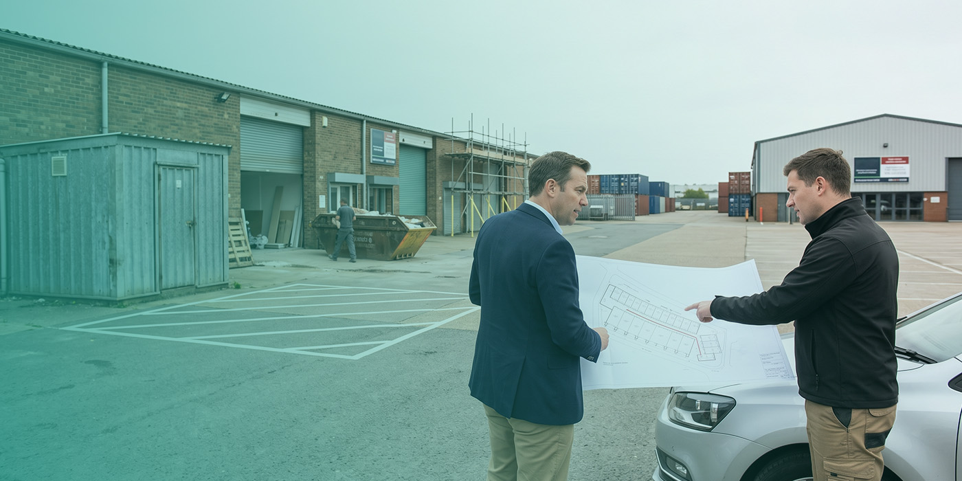A property manager and a utilities specialist reviewing a large-format industrial estate site layout drawing on a car bonnet in the yard, with a row of older brick-built units behind them showing scaffolding on one unit, a skip, a green external utility enclosure and a newer steel-framed warehouse building to the right