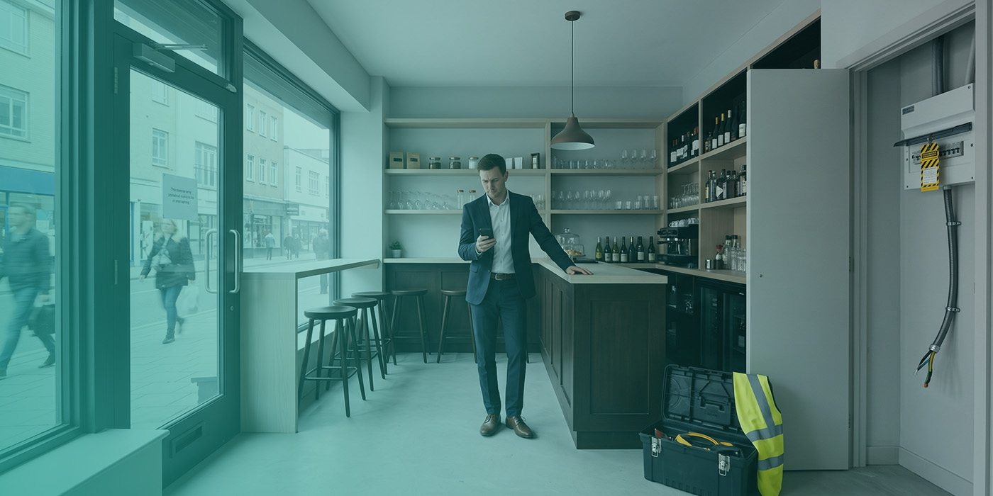 A suited business owner checking his phone in a fully fitted-out but unpowered bar or café unit, with a toolbox and high-visibility vest on the floor, an open electrical enclosure with exposed conduit and hazard tape on the right-hand wall, and pedestrians passing on the high street outside