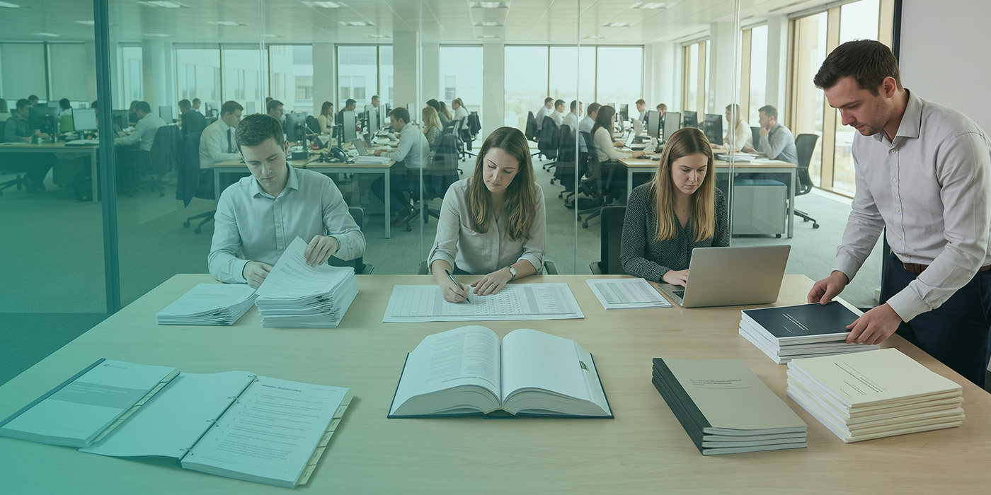 Four compliance professionals working through stacks of ESOS documentation at a large table in a glazed meeting room, with an open reference binder, printed data sheets, a laptop and a stack of bound reports, against the backdrop of a large fully occupied open-plan office floor