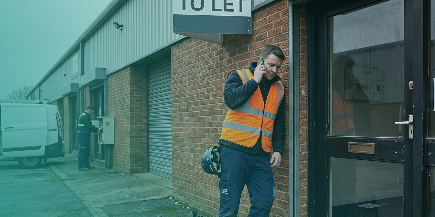 A meter operative in an orange high-visibility vest on a phone call outside a vacant industrial unit with a "To Let" sign above the entrance, hard hat in hand, whilst a second operative accesses a meter cabinet beside a van in the background