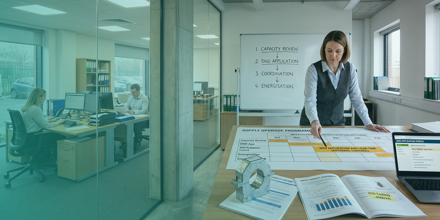 A utilities project manager leaning over a large-format Supply Upgrade Programme Gantt chart in a glazed office, with a four-step upgrade process on the whiteboard behind her, a kVA Ceiling 450kVA capacity document and a DNO Application Portal showing pending status on a laptop
