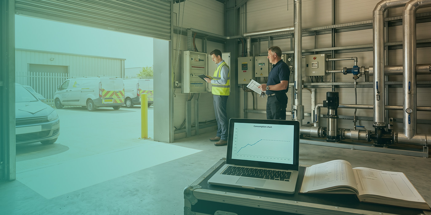 Two ESOS lead assessors conducting an on-site energy audit in an industrial plant room, one in a high-visibility vest reviewing data on a tablet, the other holding printed documents beside control panels and pipework, with a laptop showing a rising consumption chart and an open data log book on a field case in the foreground