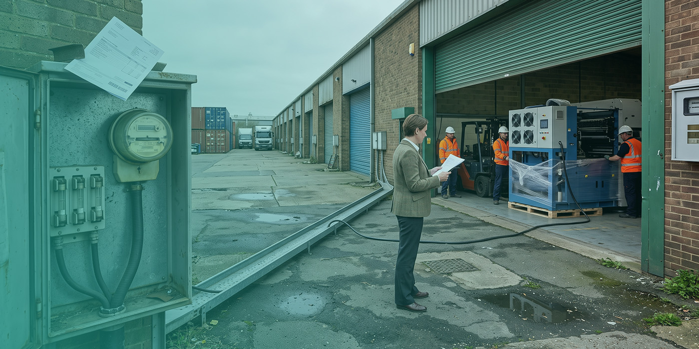 A property professional holding documents and standing between an old single-meter supply cabinet with loose paperwork on top and an open industrial unit where three operatives in high-visibility jackets are installing a large piece of heavy electrical machinery, with a power cable running from the cabinet across the yard towards the unit and shipping containers and HGVs visible in the background