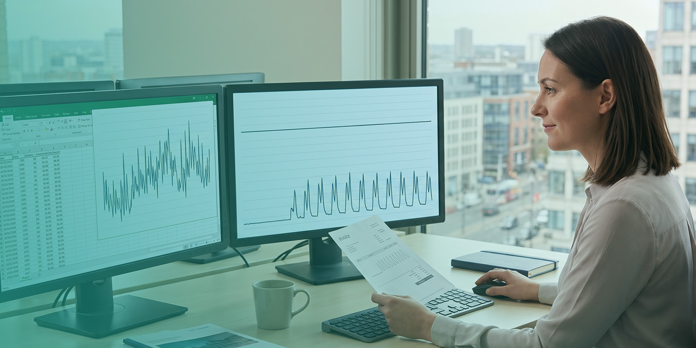 A billing analyst reviewing a printed invoice whilst looking at two monitors, one showing a half-hourly consumption data spreadsheet with timestamps and kWh readings, the other displaying a half-hourly demand profile graph showing regular daily peaks and a flat baseline, with a city view through the window behind her